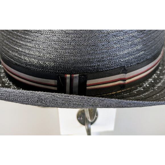 VTG Haband Black Straw Fedora Hat Medium 22" Gray Striped Hatband Made in USA - Picture 6 of 11